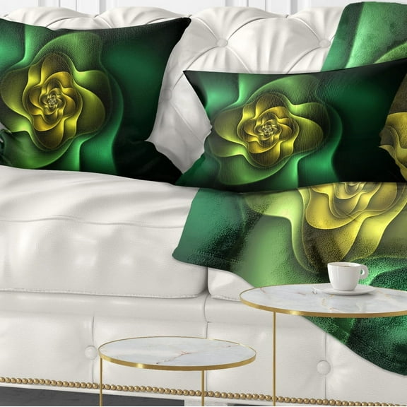 Designart Fractal Green Flower on Black - Floral Throw Pillow - 12x20