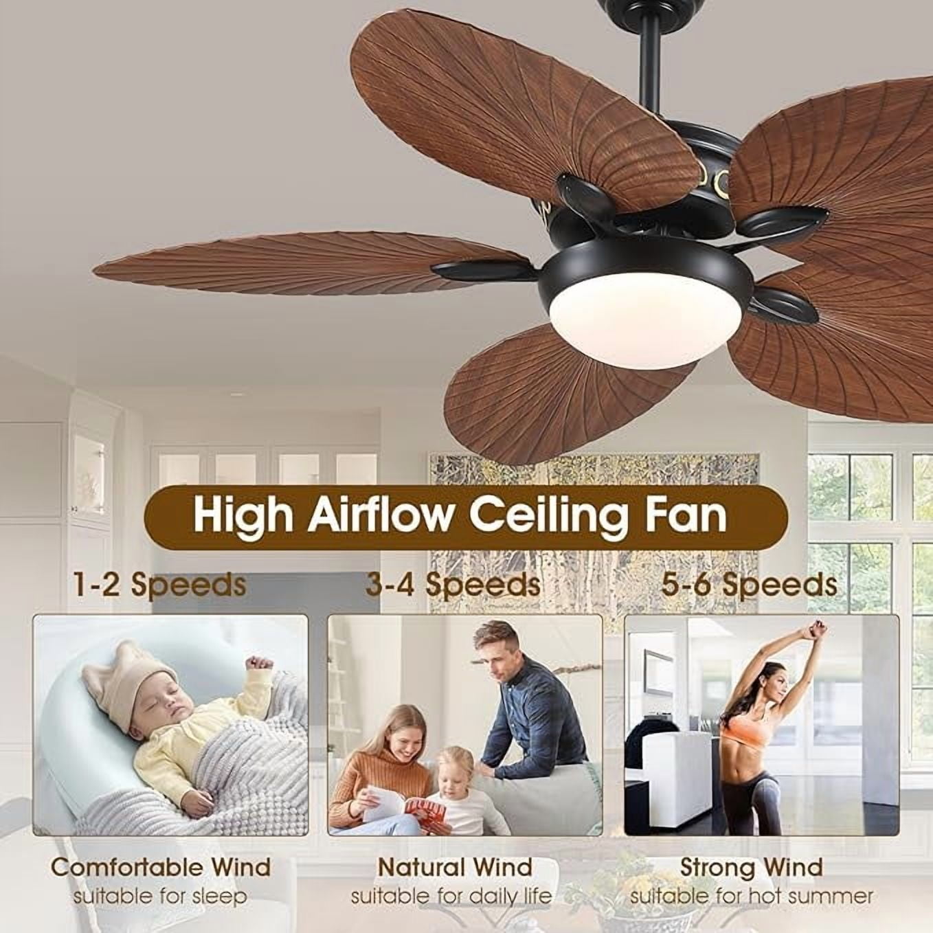 YIOSI 52 Inch Tropical Palm Leaf Ceiling Fan with LED Lights, Remote Control & App Operable, Reversible Quiet DC Motor, Dimmable, Indoor/Outdoor Ceiling Fans for Patios, Porches, Living Room, Brown