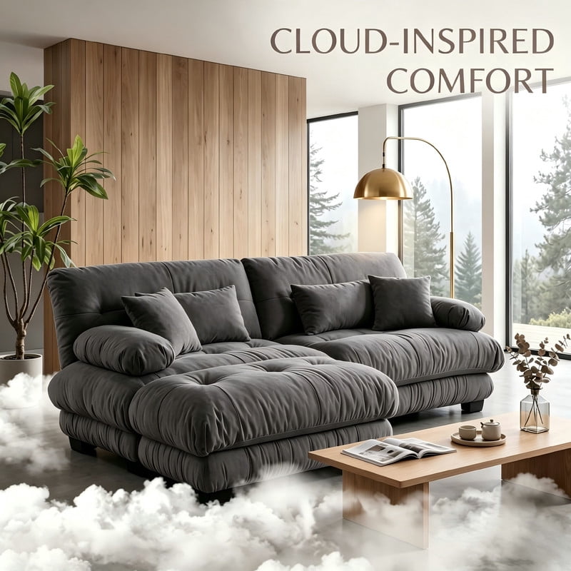 ANPPORT Cloud Couch Sleeper Sofa, Chenille Gray 2-Seater Modular Sofa with 1 Ottomans, 2 Lumbar pillows, 2 Pillows, Comfy Deep Seat Cloud Sofa, Convertible L-Shaped Floor Couch for Living Room