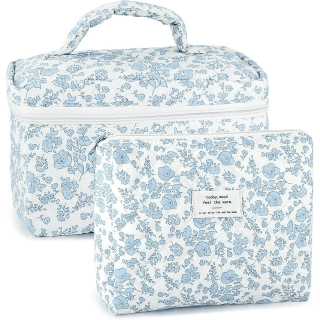 Set de maquillaje URSKYTOUS de algodón acolchado, 2 unidades, estampado floral azul