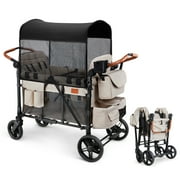 Matladin Wagon Stroller for 4 Seats, All-Terrain Wagon for Toddler with Canopy, Adjustable Handlebar, 5 Point Harness, Phone Holder, Shoulder Bag, Beige