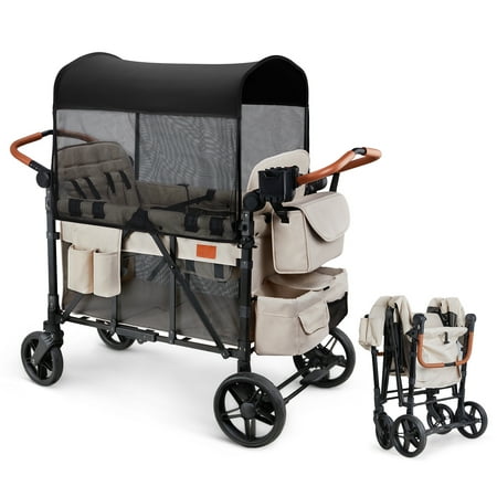 Matladin Wagon Stroller for 4 Seats, All-Terrain Wagon for Toddler with Canopy, Adjustable Handlebar, 5 Point Harness, Phone Holder, Shoulder Bag, Beige