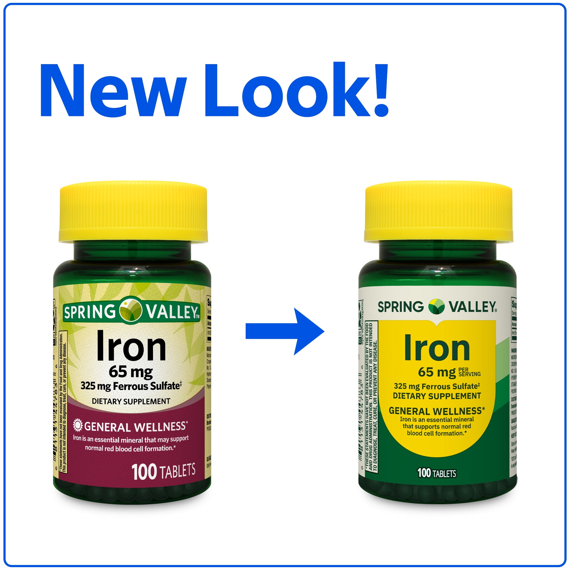 Spring Valley Iron General Health & Wellness Dietary Supplement Tablets, 65 mg, 100 Count