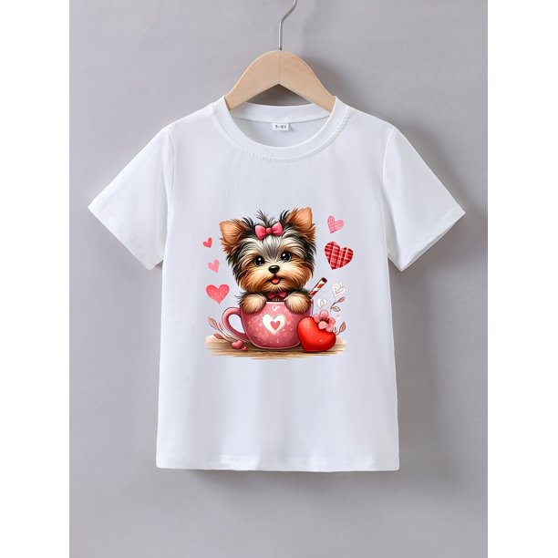 Kids' Summer Casual Crew Neck T-Shirt, Cotton, Cartoon Yorkshire Terrier Print, Slight Stretch Knit Fabric, Regular Fit, with "Jump into Cup" Design, for Ages 12 and Under