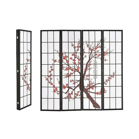4 Panel Room Divider, 6ft Folding Shoji Screen Room Partition with Plum Blossom Design, Solid Wood Frame, Freestanding Wall Divider, Indoor Room Separator for Home, Office