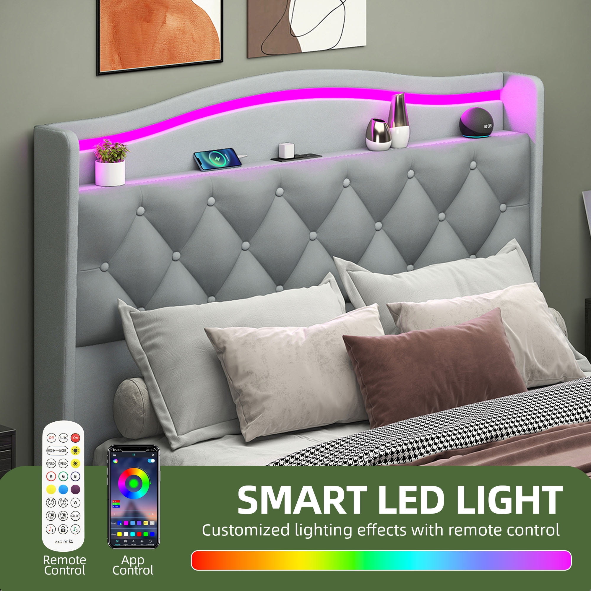 Uforic Queen Size Velvet Upholstered Bed Frame with RGB LED Ambient Light, Built-in Charging Station, No Box Spring Required, Gray