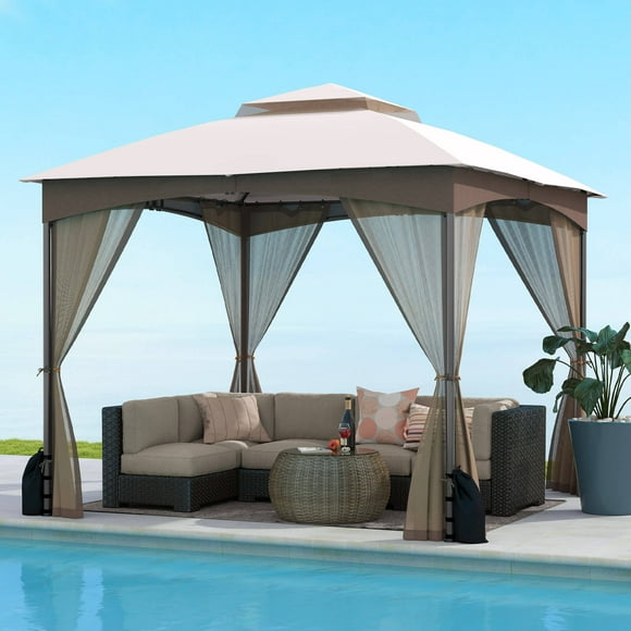 Costway 10 X 10 FT Patio Gazebo with Netting Walls 4 Sandbags Zippered Doors Outdoor
