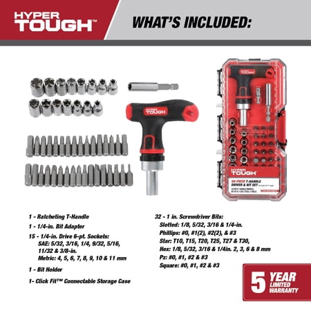 HYPER TOUGH 50-PIECE T-HANDLE DRIVER WITH BITS AND SOCKETS IN CLICK FIT CASE