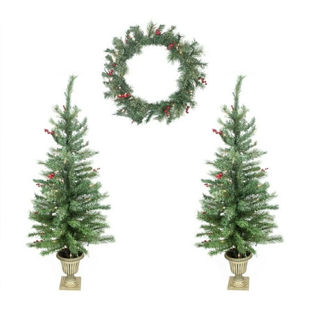 Berry Tree Set - Set of 4 Red Berry Pine Artificial Christmas Trees and Wreath - Clear Lights