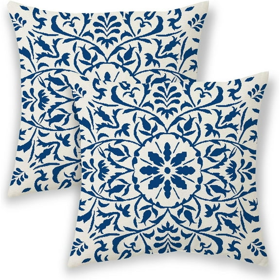 Navy Blue Boho Pillow Covers 16x16 Inch 2 Pcs,Vintage Bohemian Carpet Style Decorative Throw Pillows for Couch,Navy Flower Print Farmhouse Decor Pillowcase Linen Cushion Cover for Bed Sofa
