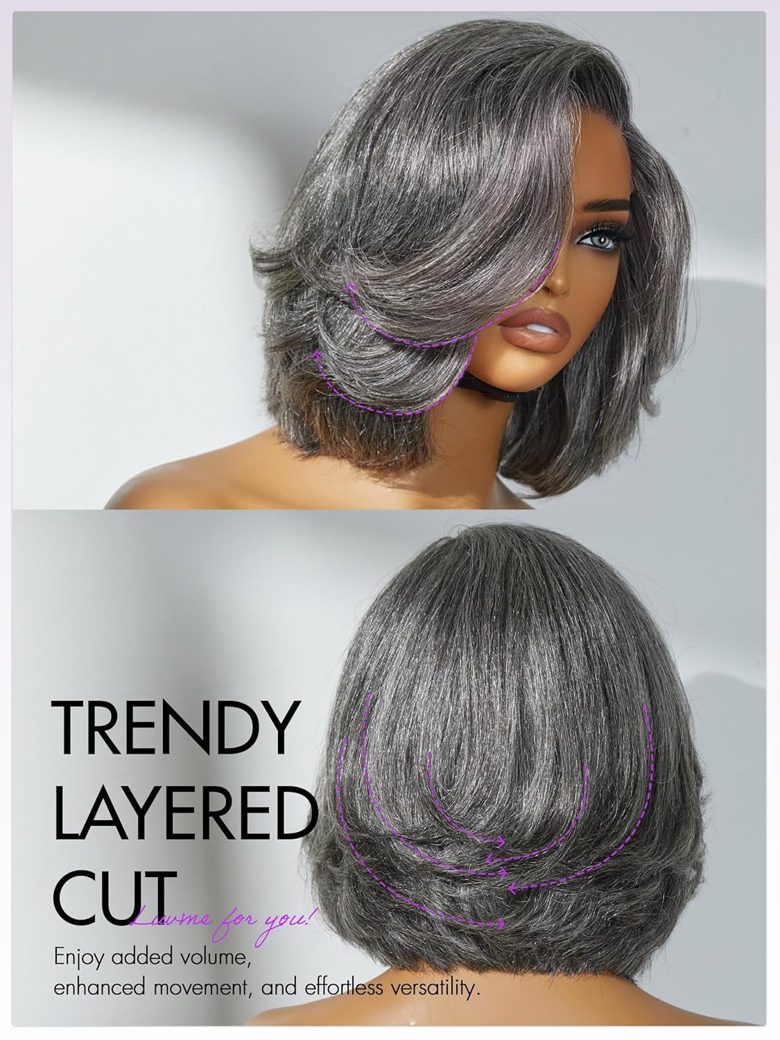 LUVME 10" Hair Salt & Pepper Layered Bob Glueless Lace Wig Gray for Women Short Grey Bob Wigs Pre Plucked