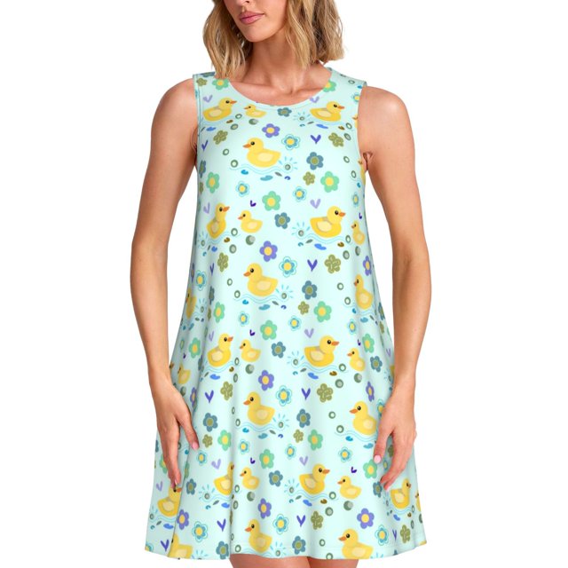 Fotbe Duck Cartoon Vestido de Verano sin Mangas para Mujer – Vestido Midi Línea A, Estilo Camiseta Floral, Vestido Playero Casual y Fluido