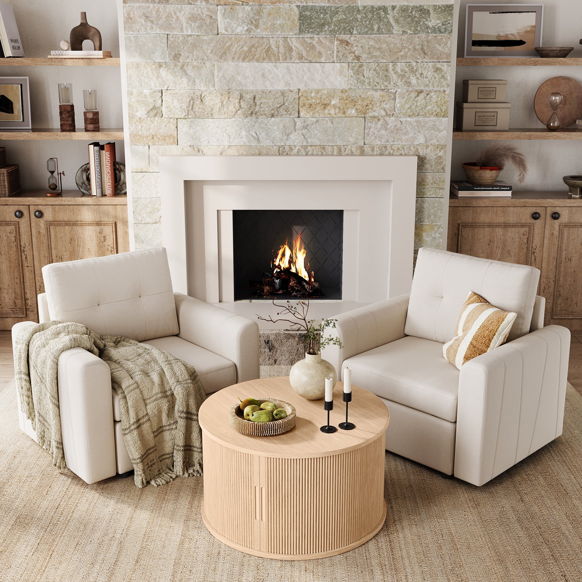 LINSY HOME Fluted Coffee Table Round with Large Storage, Mid-Century Coffee Table for Living Room with Sliding Tambour Door, Oak