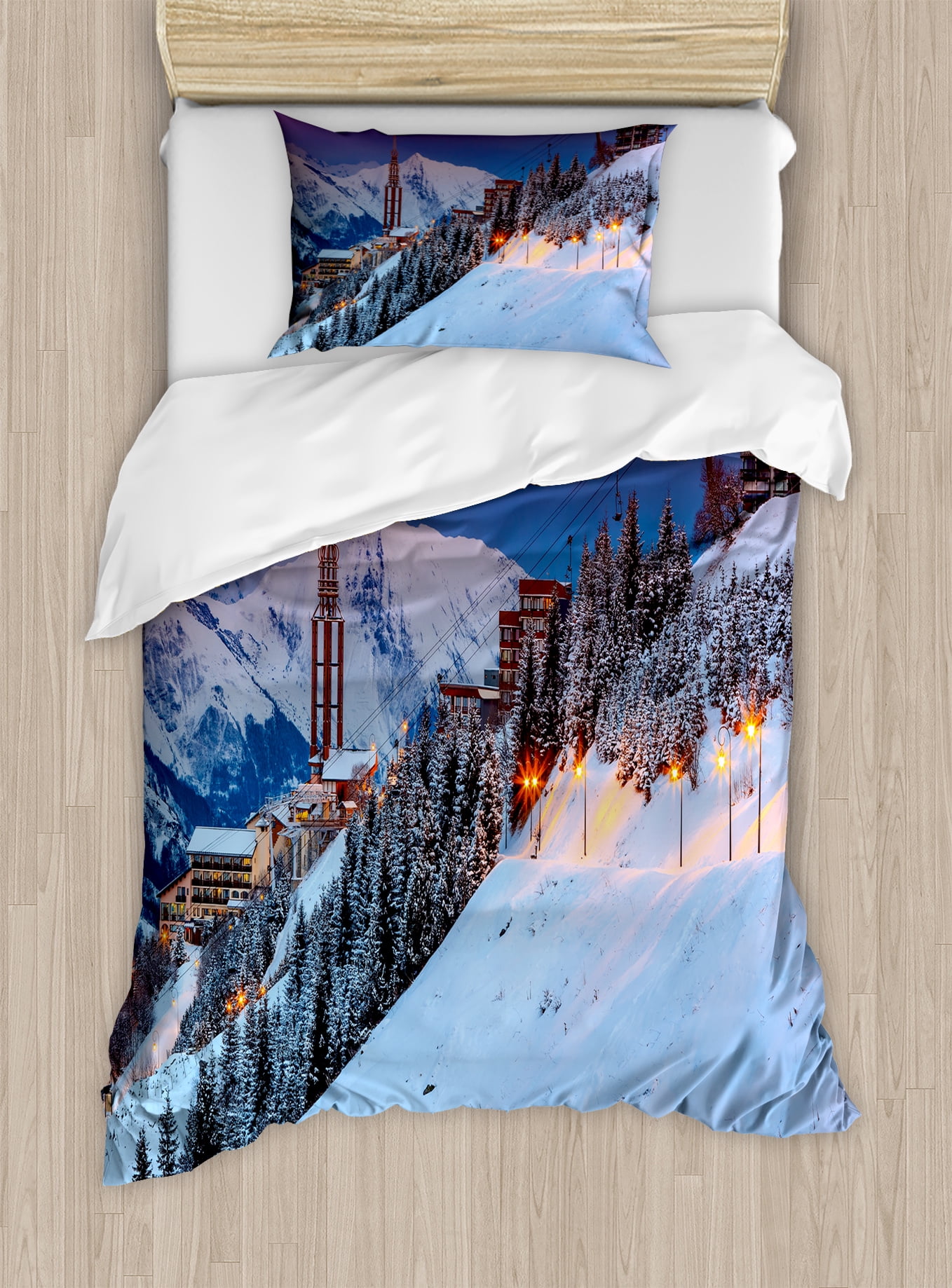 Winter Duvet Cover Set Majestic Sunrise Landscape And Ski Winter Duvet Cover Set Majestic Sunrise Landscape And Ski Resort Spruce Pine Forest French Alps Decorative Bedding With Pillow Shams