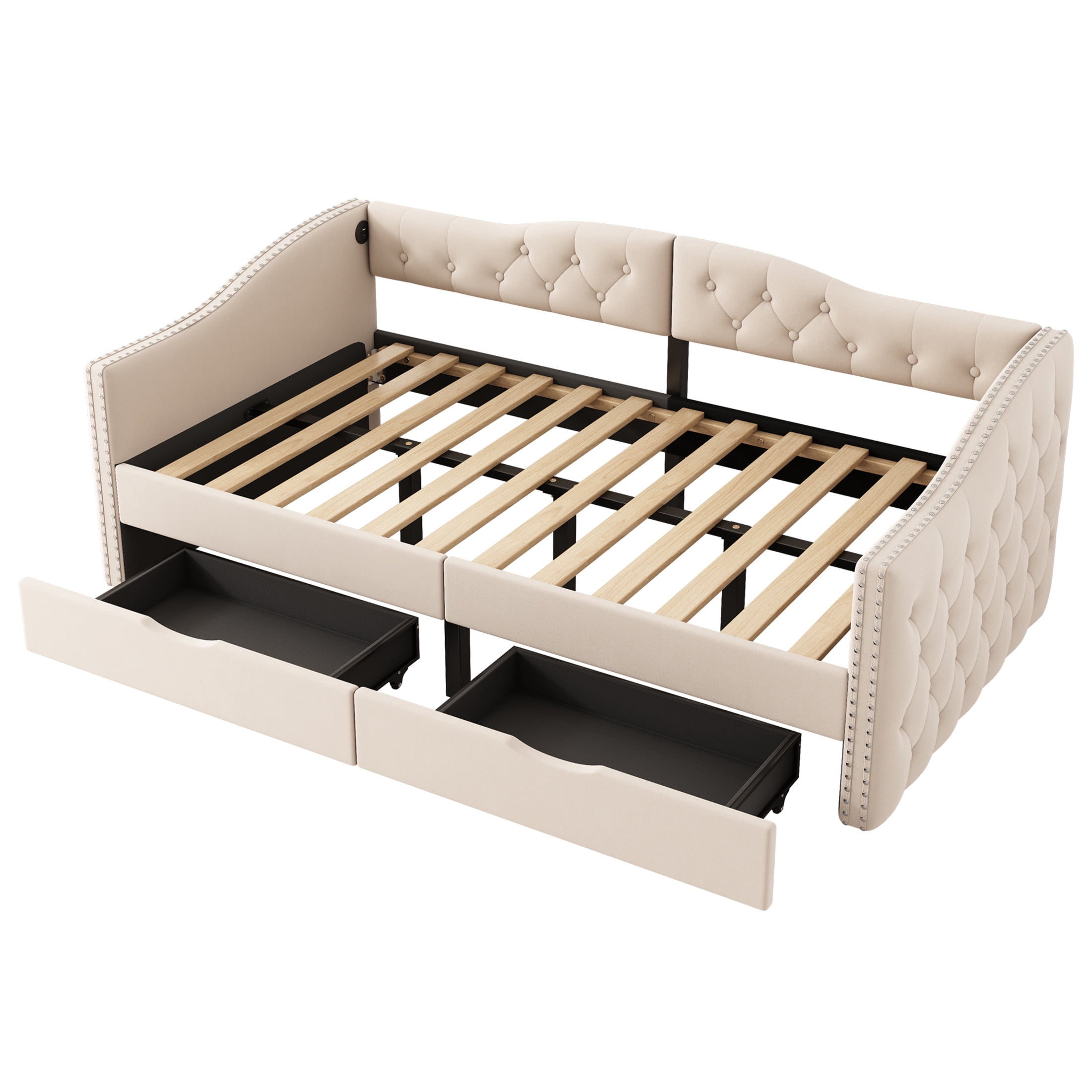 Noble House Foster 71" Twin Upholstered Daybed, Linen Button Tufted Sofa Bed with 2 Storage Drawers & USB, Beige