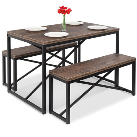 Best Choice Products 45.5in 3-Piece Bench Style Dining Furniture Set, 4-Person Dinette w/ 2 Benches, Table - Brown/Black