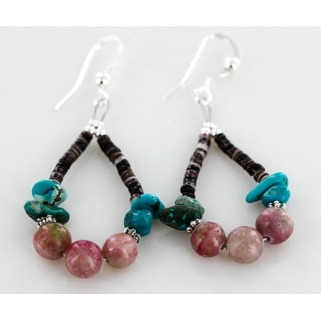 Turquoise Earrings Native Certified Authentic Navajo .925 Sterling Silver Hooks Natural Turquoise Pink Agate HEISHI HOOP Native American Earrings ()