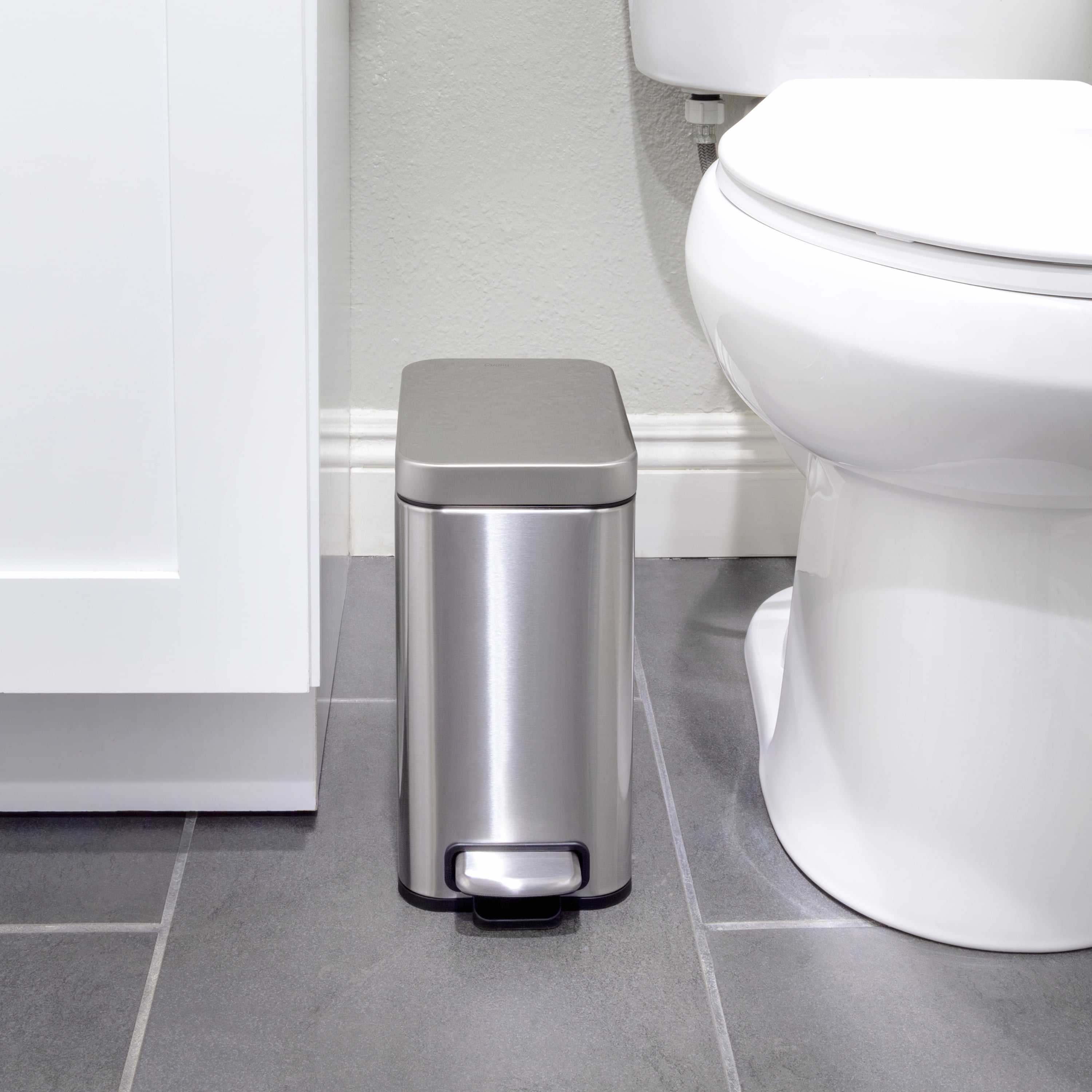 Qualiazero 1.3 Gallon (5L) Stainless Steel Slim Step-On Trash Can "Twin Pack", Soft-Close Lid, Small Bathroom Garbage Bin Set, Silver