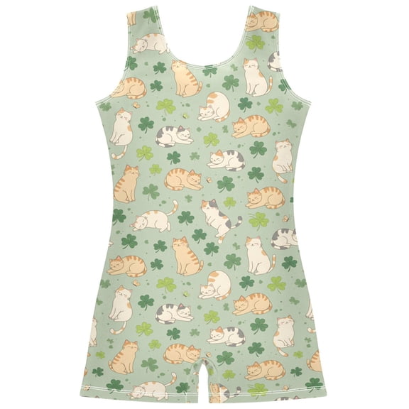 Gymnastics Leotard Sleeveless Four Leaf Clover Cat Stretchy Dance Bodysuit Breathable Athletic Ballet Yoga Outfit for Ages 3-14