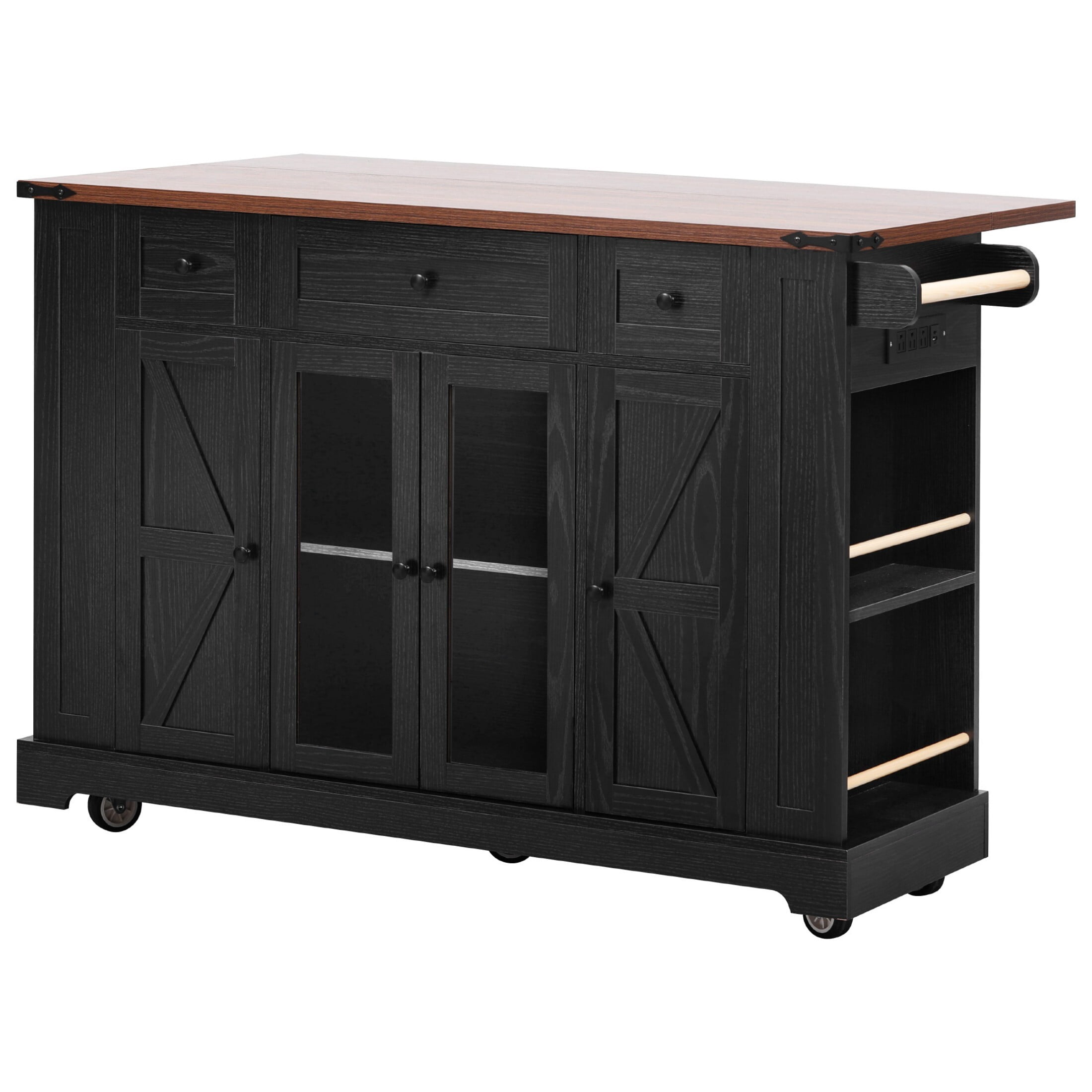 AENKYO 53'' Kitchen Island Cart with Drop Leaf and Charging Station, Rolling Kitchen Storage Cart with 3 Drawers, Black