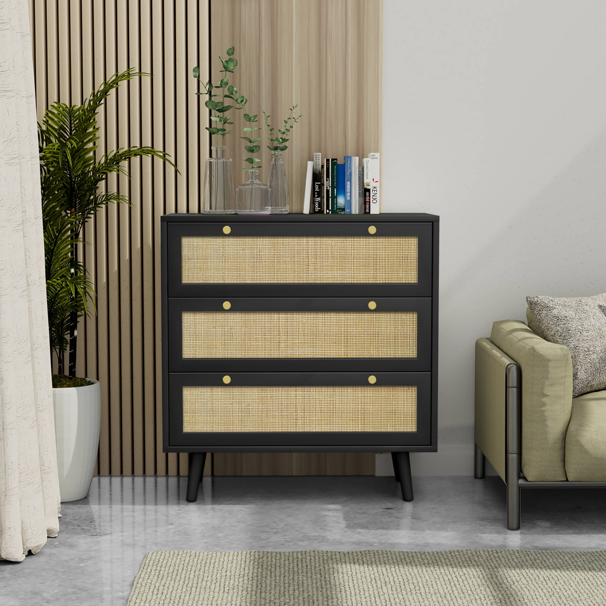 Eumyviv Black 3Drawer Chest of Drawers with Pine Wood Legs Farmhouse