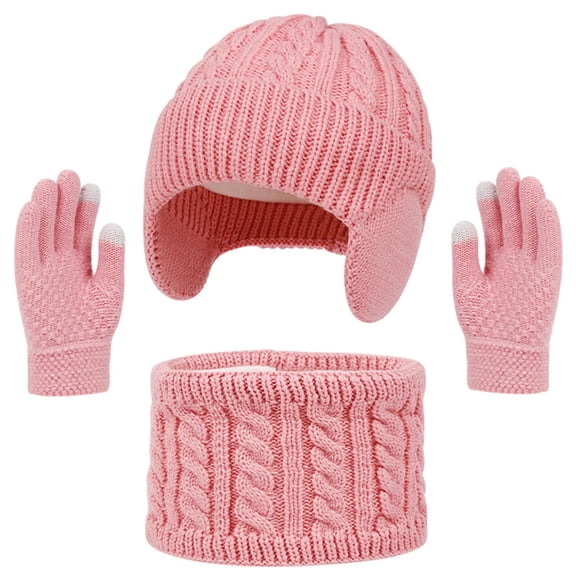 ShomPort 3PC Winter Warm Set for Girls Fleece Lined Earflap Cable Knitted Beanies Neck Warmer Touchscreen Gloves Cute Outfits