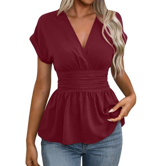 Summer Short Sleeve Blouse for Women Fashion V Neck Business Vacation Casual Shirt Women's Wrap Peplum Tops Stretchy Ruched Ruffle Shirts
