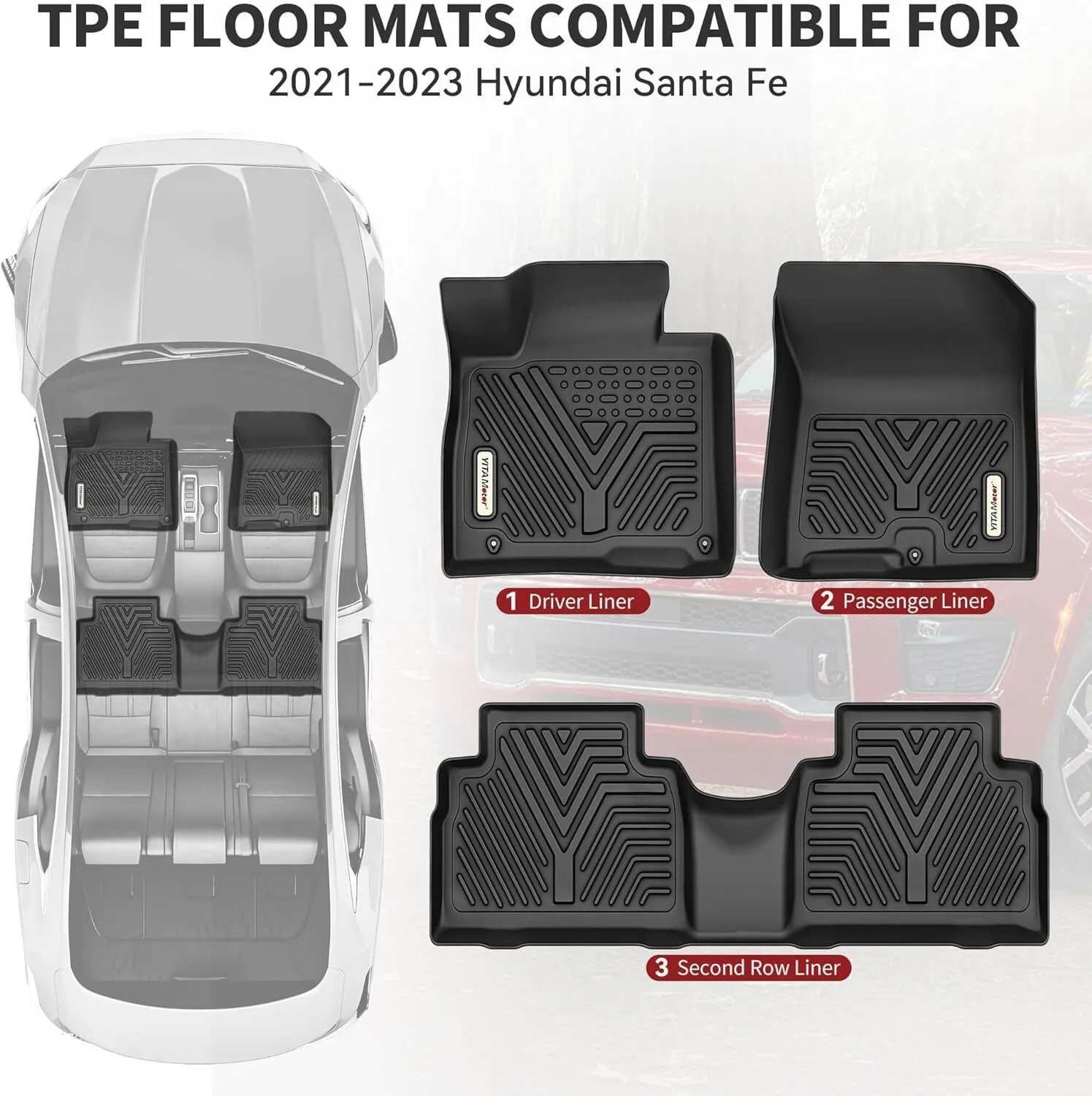 RVNI Floor Mats for 2021 2022 2023 Hyundai Santa Fe 5 Seat Front & Rear Liners All Weather