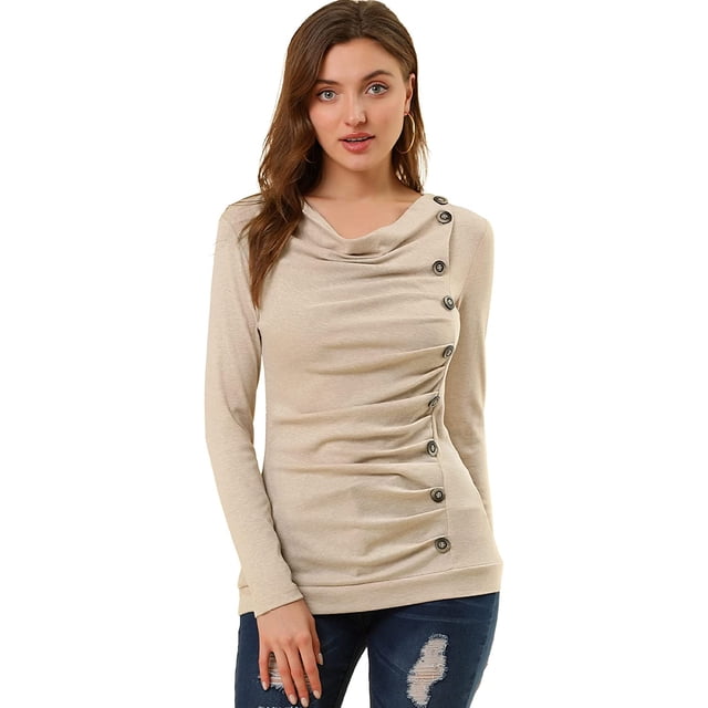 Women's Cowl Neck Long Sleeves Buttons Decor Ruched Top