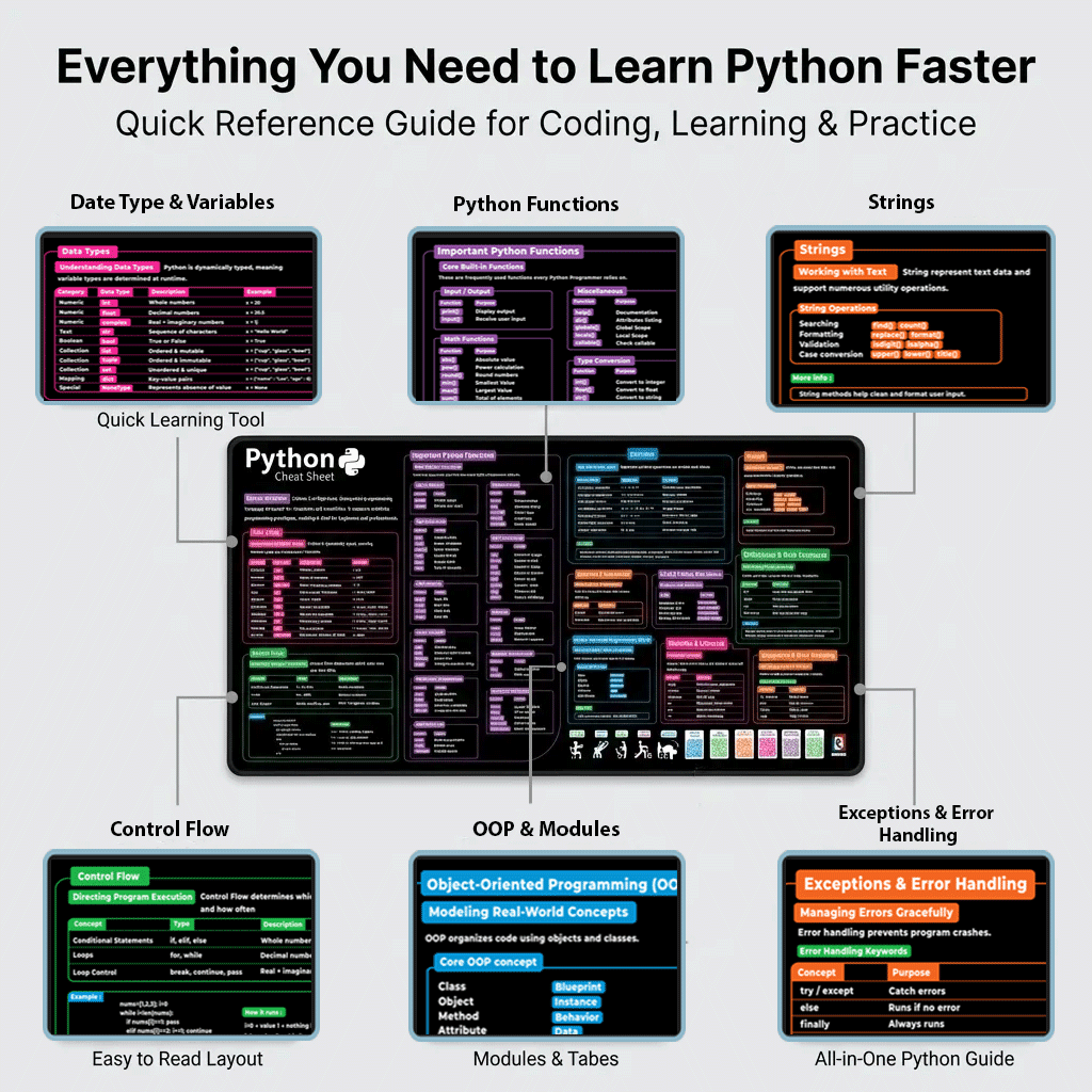 Python Cheat Sheet Desk Mat – Neoprene Coding Desk Pad with Anti-Slip Base & Stitched Edges, Python Programming 12x22 in