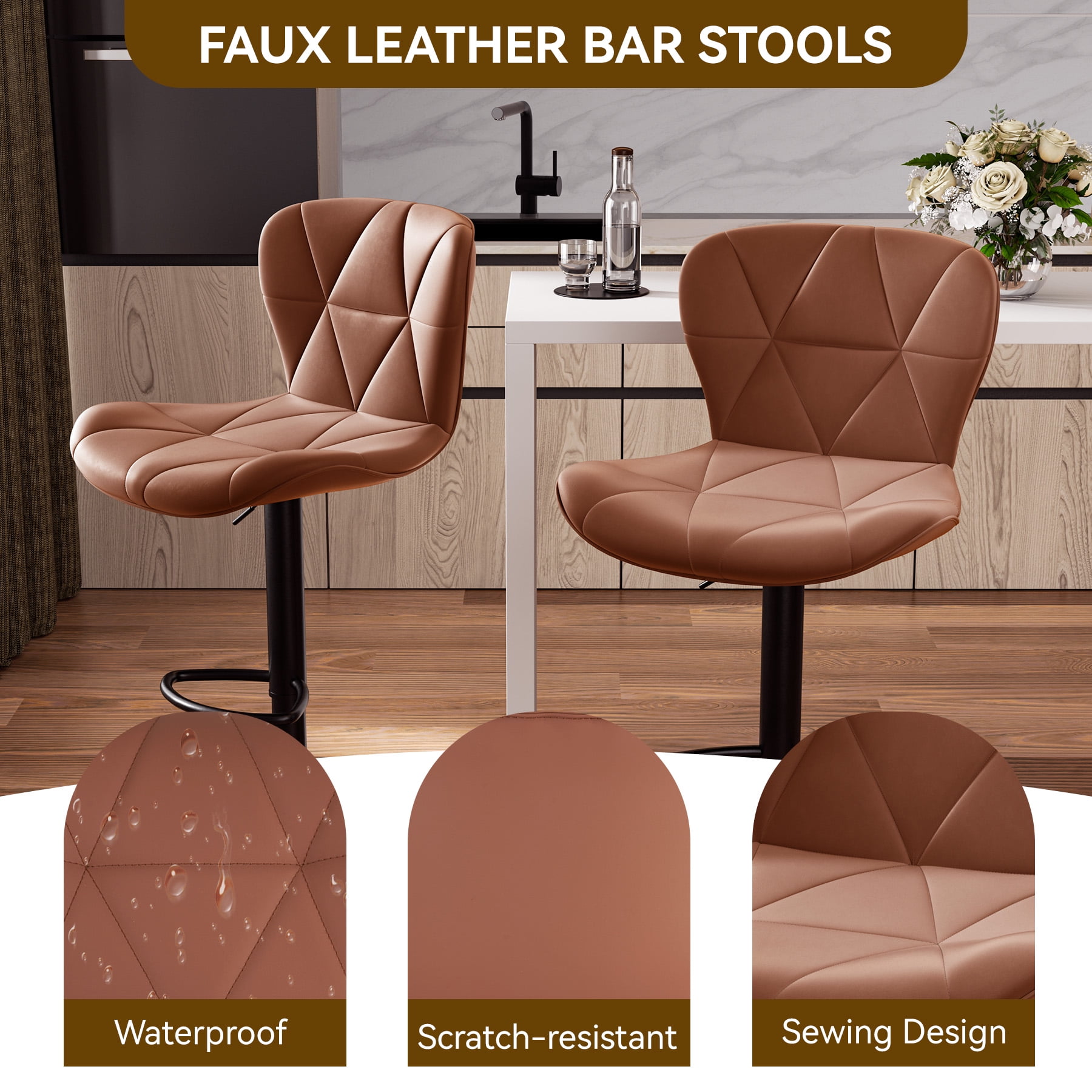Hawsaiy Modern Bar Stools Set of 4, Adjustable Faux Leather Upholstered Swivel Bar Stools, Counter Height Bar Chairs with Back for Kitchen Island, Brown