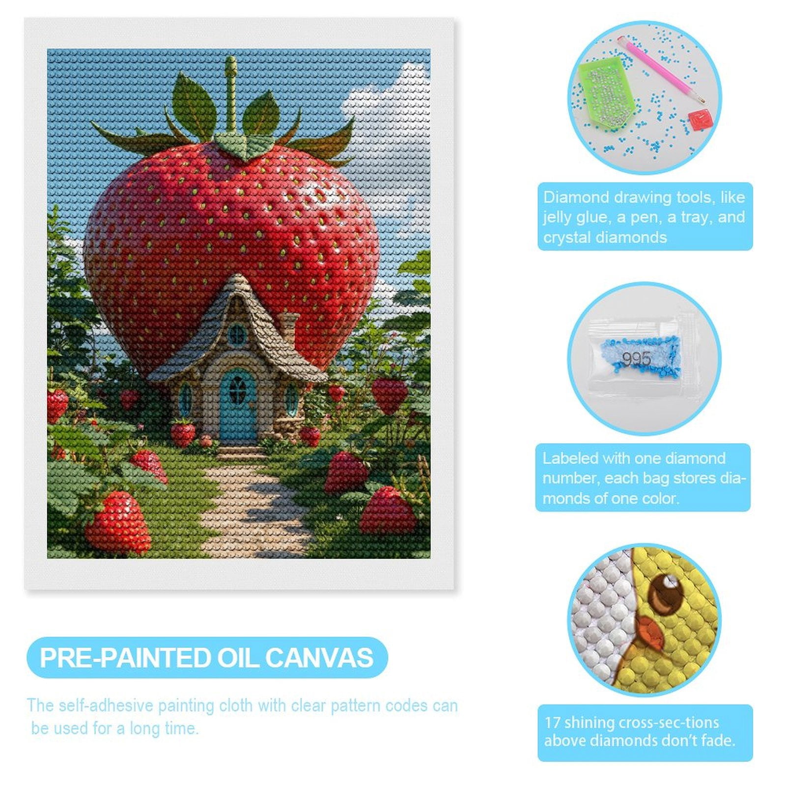 Diamond Art Kits for Adults, Strawberry Cottage Fairy Tale Scene 5D Diamond Painting Kits for Adults Beginners, DIY Full Drill Diamond Painting, Gem Art and Crafts 12x16