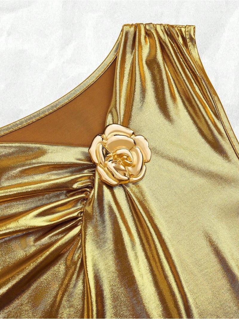gold ruched mini dress Metallic Sleeveless Bodycon With Waist And Tiered Ruffle Skirt Asymmetrical Neck May Drop 3