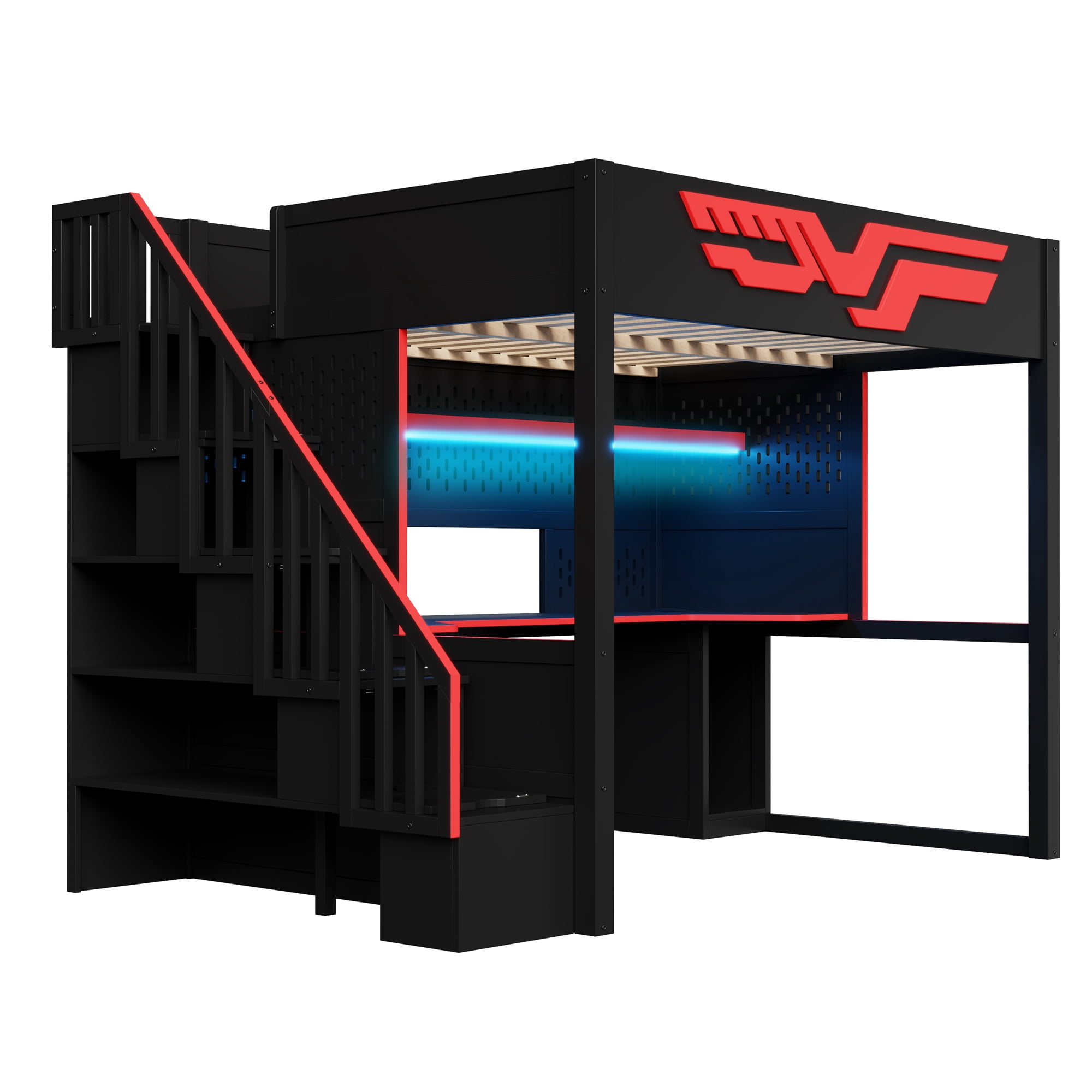 Euroco Wood Full Size Loft Bed with Desk and Staircase, Gaming Bed with LED Light and USB Charging, Black