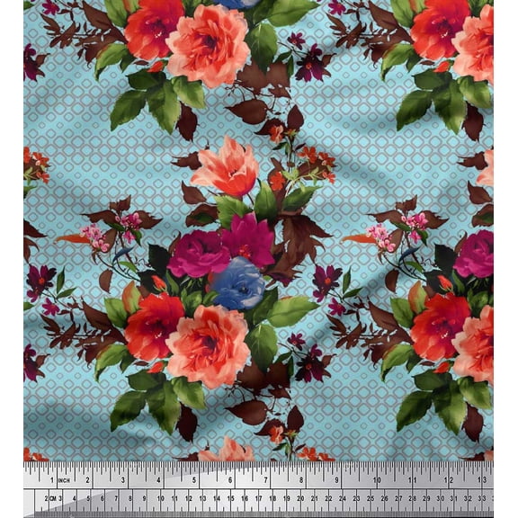 Soimoi Cotton Duck Fabric Geometric,Leaves & Peony Floral Print Fabric by The Yard 42 Inch Wide