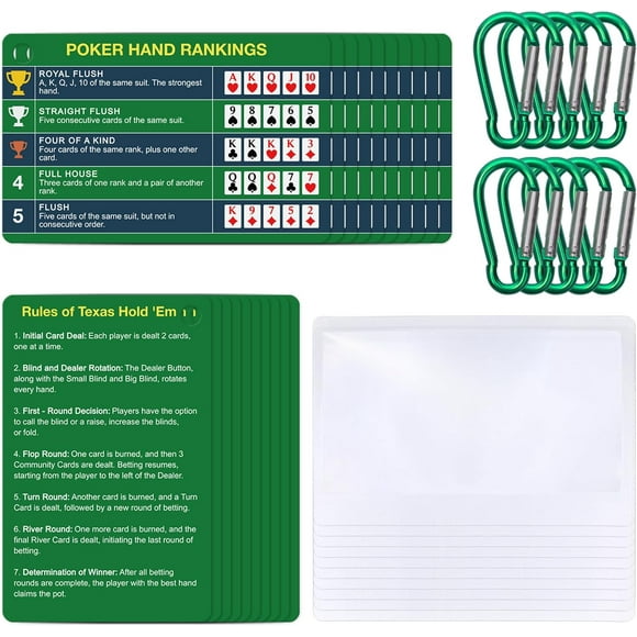 ERDS-10-Pack (20 Cards) Poker Hand Rankings Cards Set with Magnifier & Clip, Texas Hold'em Cheat Sheet & Rules Guide, Sturdy Poker Chart for Beginners, Pros, Poker Night