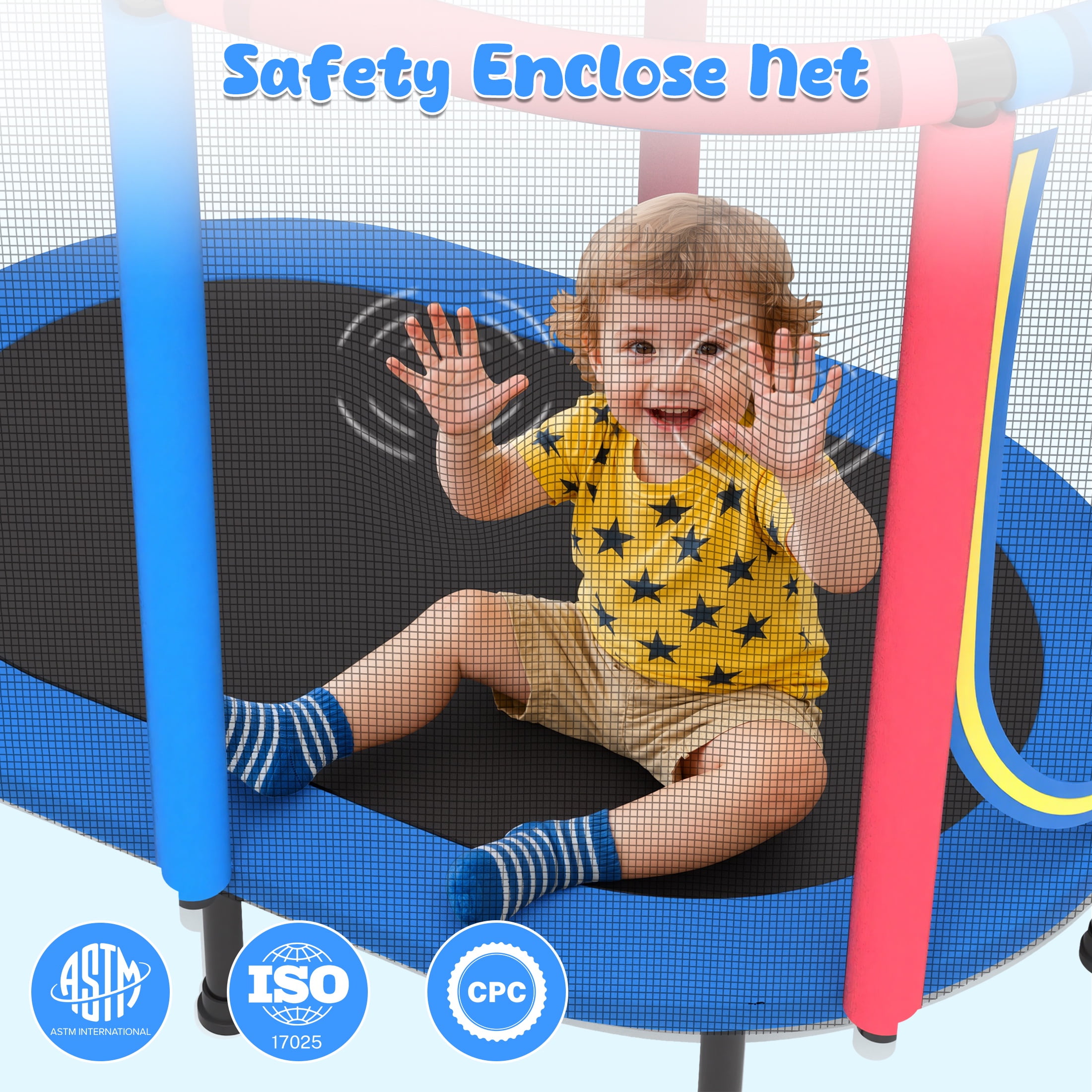 60" Trampoline for Kids with Basketball Hoop, SHINPT Recreational Trampolines with Safety Enclosure Net, Mini Outdoor Trampoline with Adjustable Gymnastics Bar, Easy Assembly, Outdoor, Indoor