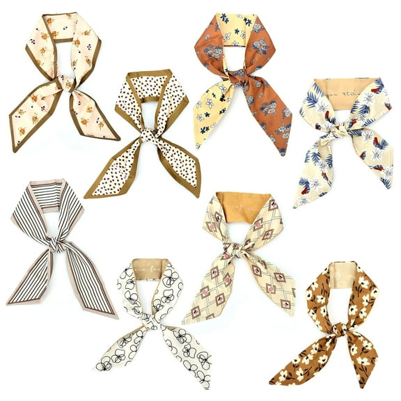 Style-Carry 8 Pcs 36.2"L x 2.4"W Brown Floral Silk Scarves for Women, Multifunctional Boho Headbands Hair Wrap for Bag Hair Clothes Decoration
