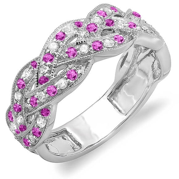 0.58 Carat (ctw) 10k White Gold Round White Diamond & Pink Sapphire Ladies Anniversary Wedding Matching Band Stackable S
