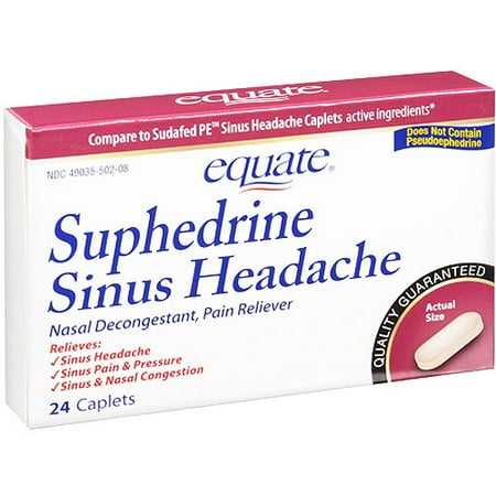 Equate: Sinus Headache Nasal Decongestant, Pain Reliever Suphedrine, 24 ct