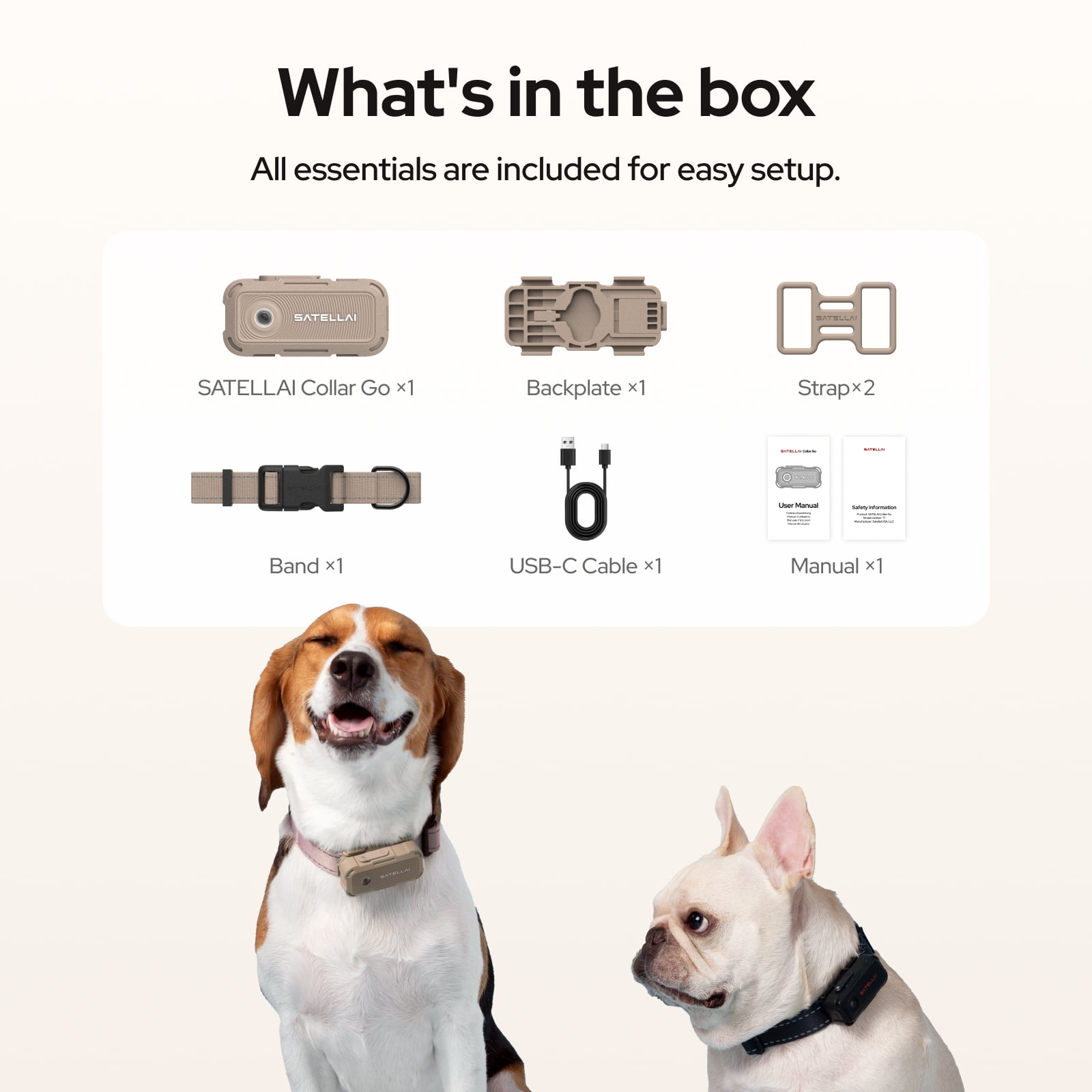 SATELLAI Collar Go, Smart Wireless Fence GPS Dog Collar, Live Tracking & Health Monitoring, 15-Day Max Battery Life(Sandstone Beige), M(13"-18")