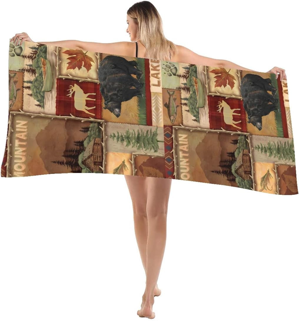 Retro Rustic Beach Towel, Moose Deer Bear Leaf Tree Country Style Farmhouse Microfiber Ultra Soft Quick Dry Highly Absorbent Bath Towels for Beach Party Outdoor Travel Swim Pool Yoga 33x52 Inch