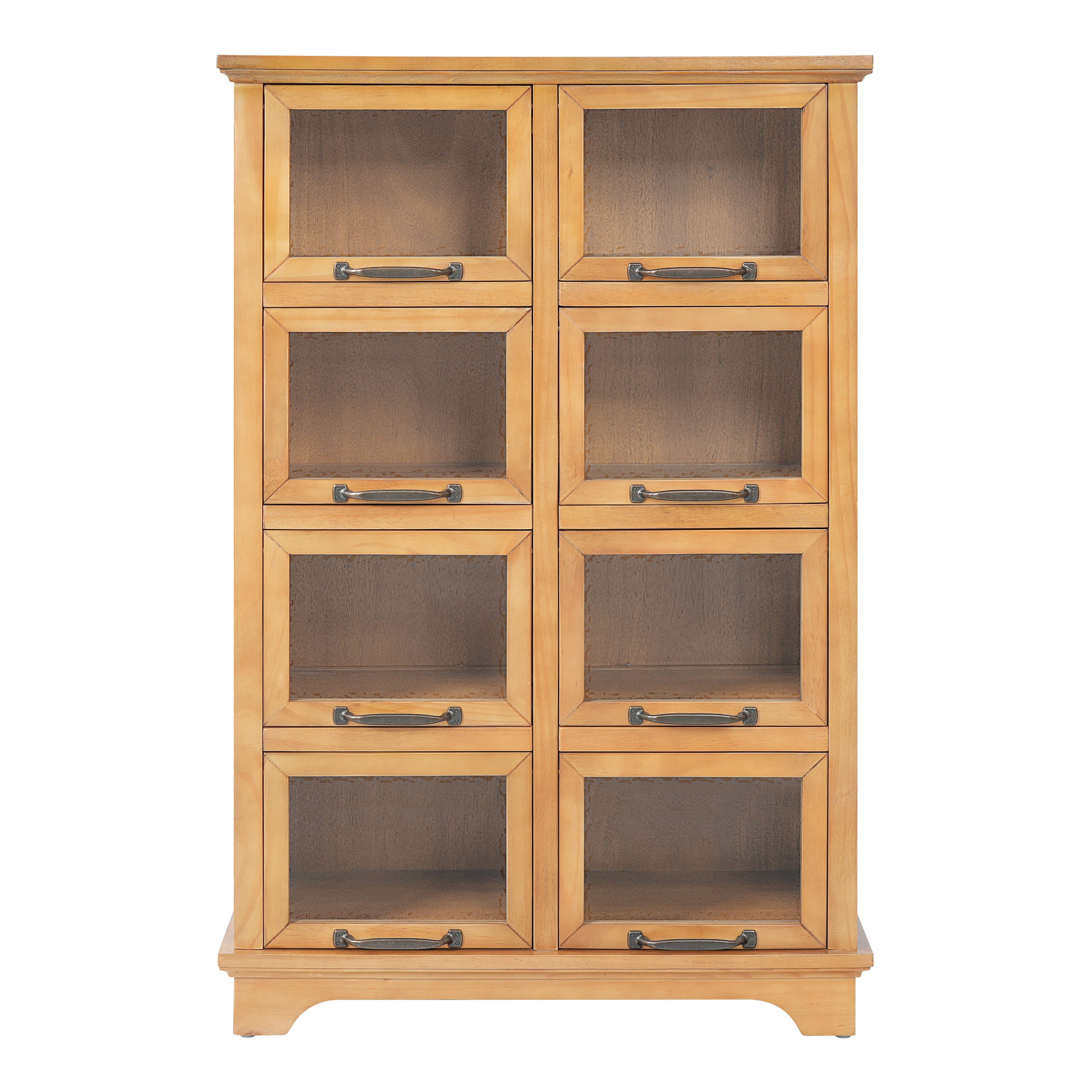 Modern Storage Cabinet with 8 Glass Doors and Wood Shelves, Display Cabinet with Antique Bronze Handles for Living Room, Natural