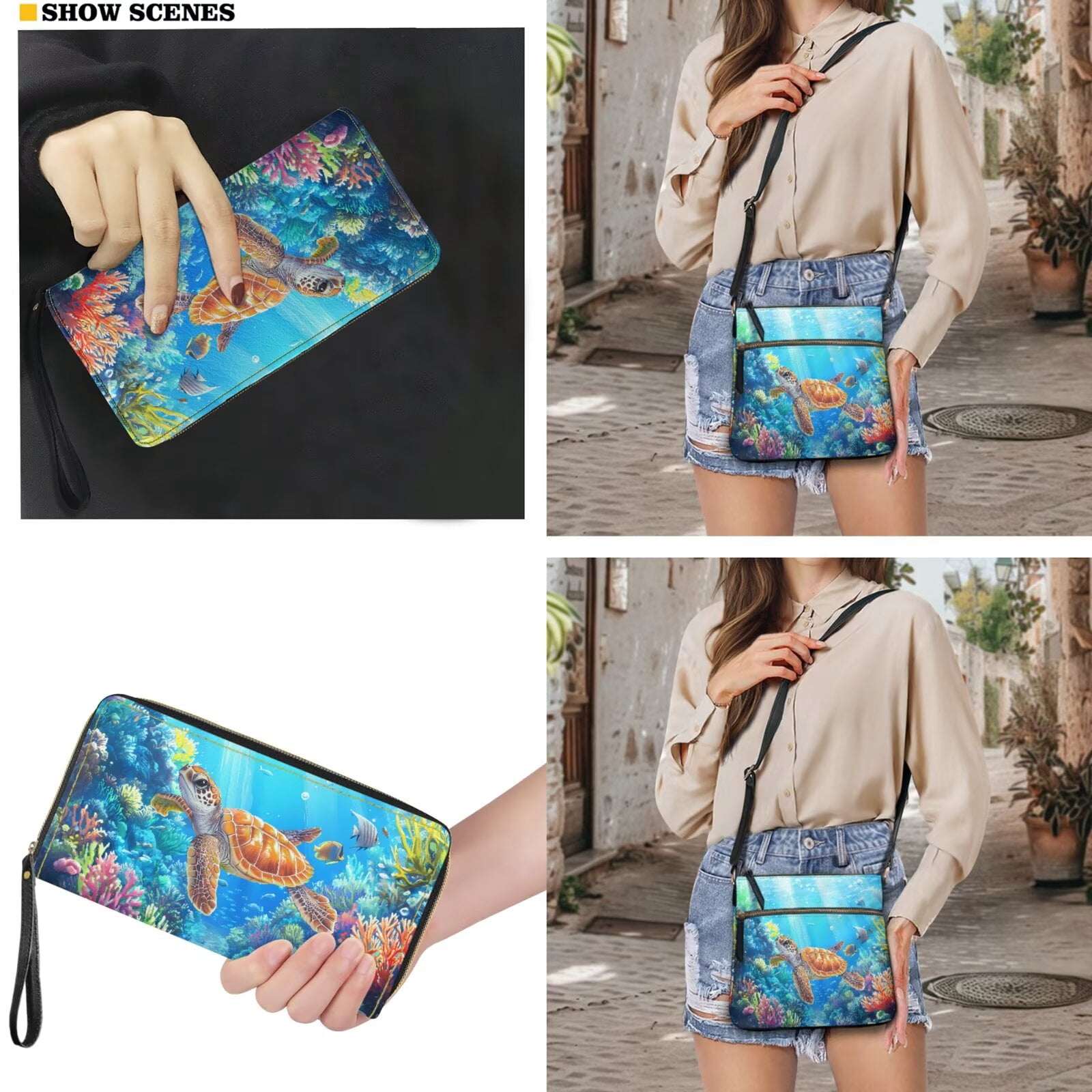 ZUXONGSY Sea Turtle Coral Print PU Leather Crossbody Hobo Bag and Wallet Set for Women, Adjustable Strap, Perfect for Travel, Work & Shopping