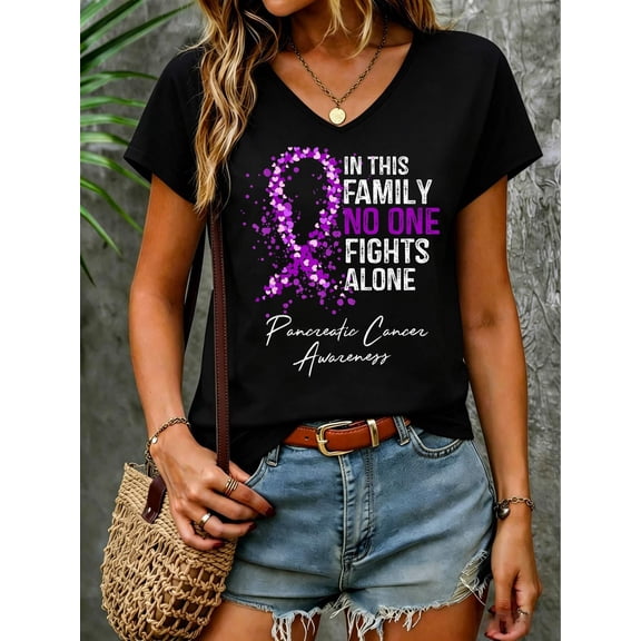 in This Family No One Fights Alone Shirt Pancreatic Cancer V Neck T-Shirt Cotton Women's V Neck Graphic Tee, Casual Short Sleeve Shirt,Vacation Outfit