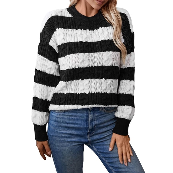 MESSUEN Striped Sweater Vintage Sweater Baggy Sweater Womens Long Sleeve Shirts Cute Sweaters Womens Fall Sweaters Womens Oversized Sweater Black L