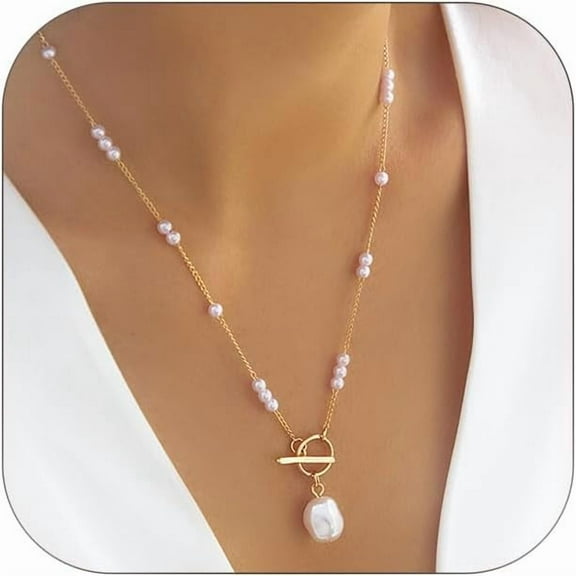 Pearl Necklace for Women Long Baroque Pearl Choker Dainty Gold Beaded Necklaces Toggle Necklaces Stainless Steel Trendy Jewelry Hypoallergenic
