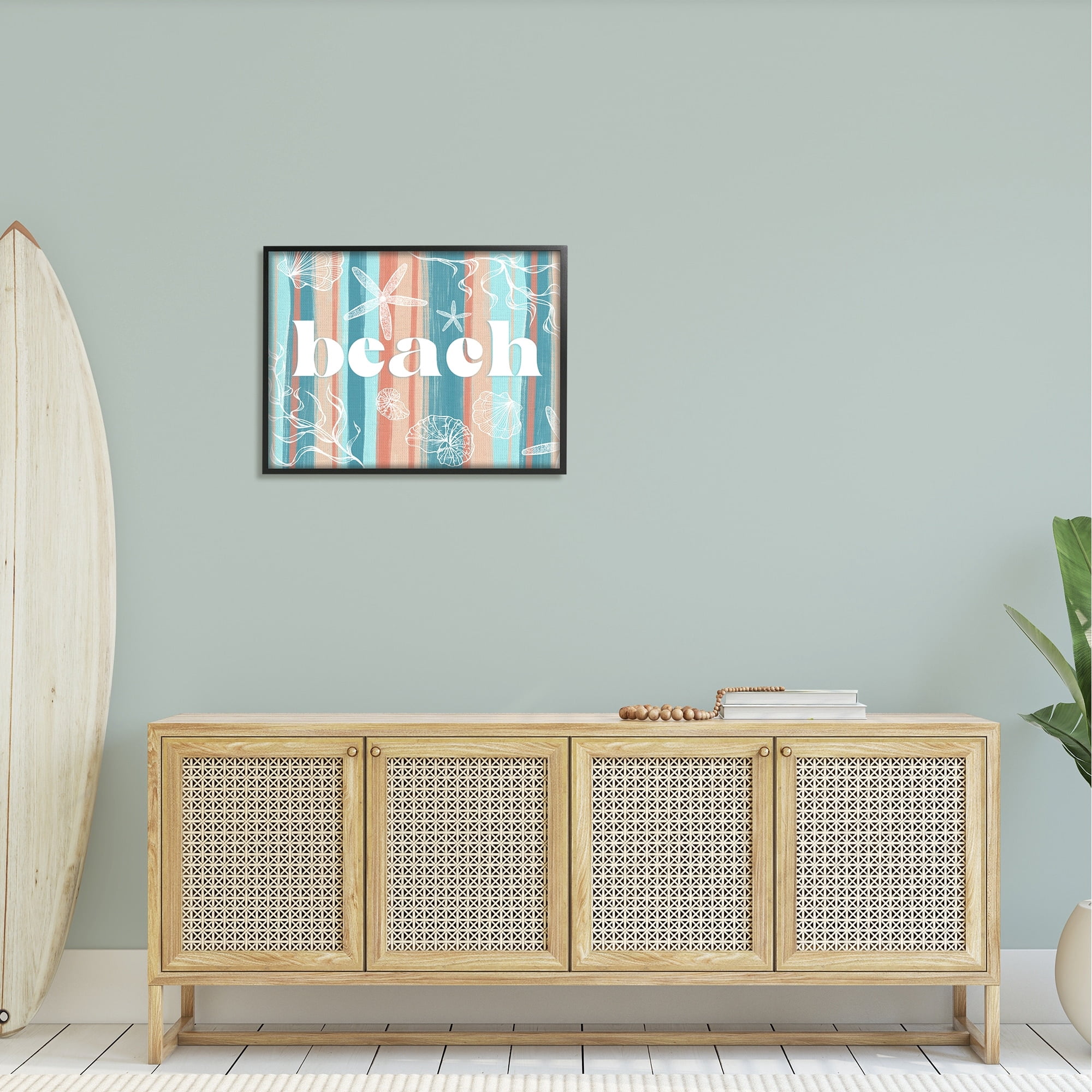 Stupell Industries Striped Beach Sign Various Sea Life Seaweed Coral Graphic Art Black Framed Art Print Wall Art, Design by Ziwei Li