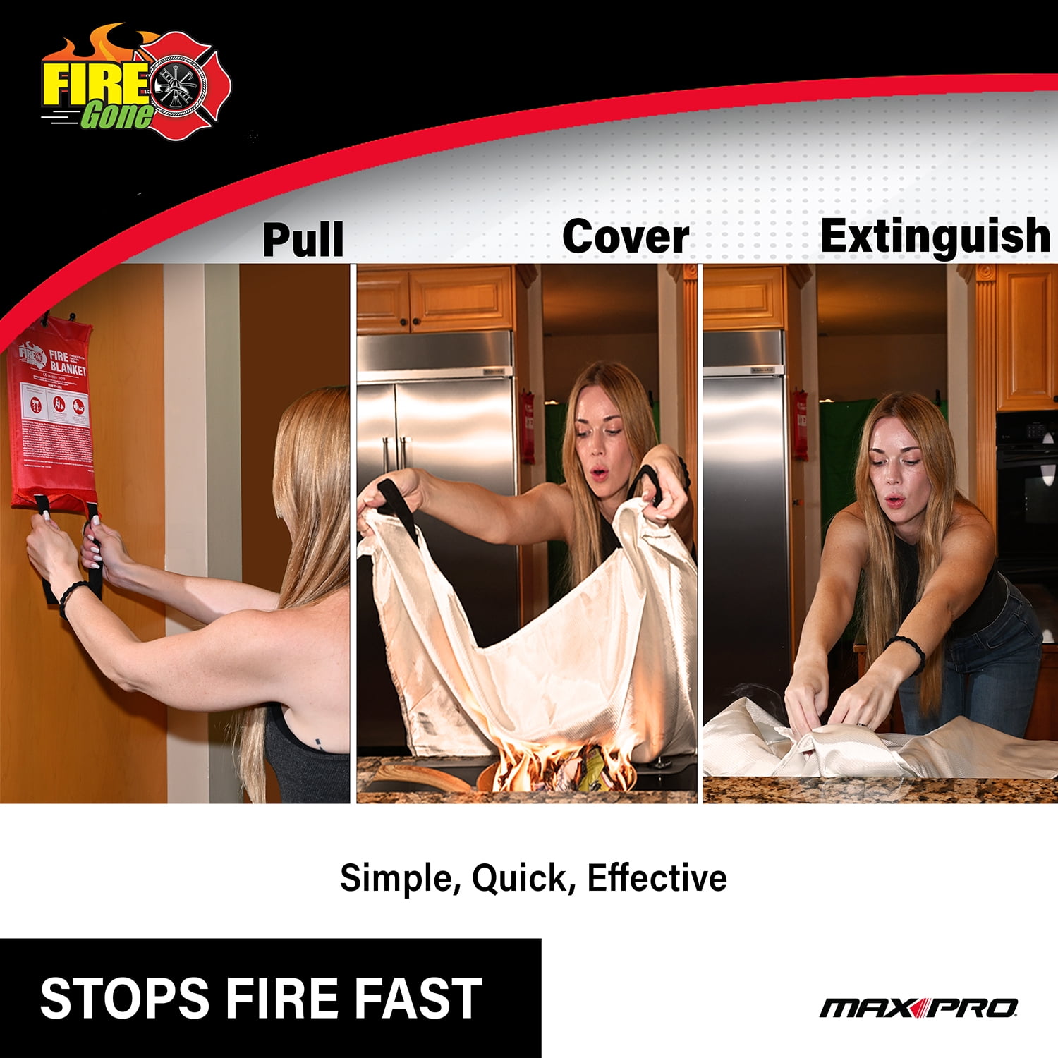 (3 pack) Fire Gone Premium Emergency Fire Blanket - Safety for Kitchen, Home & BBQ -Made from 100% Flame Resistant Fiberglass -1 pack - 39.3" x 39.3"