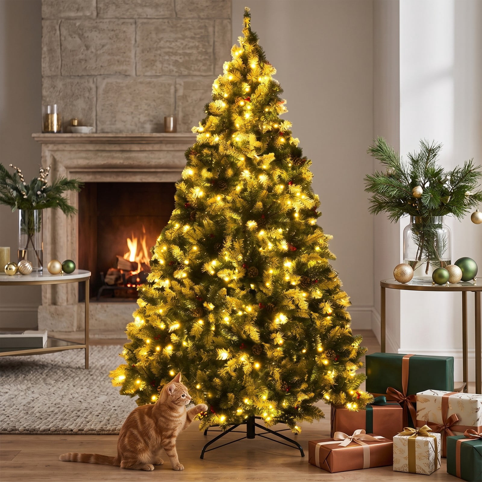 RUIE 6 ft Pre-Lit Snow Flocked Artificial Christmas Tree with Red Berries, Pinecones and 250 Warm White LED Lights, Hinged Full Xmas Tree with Metal Stand for, Green